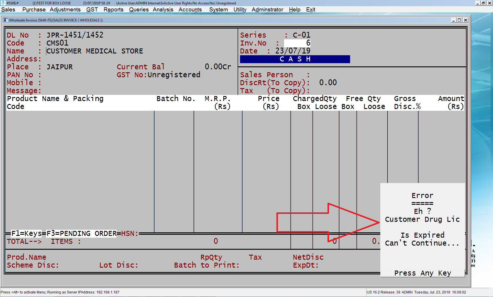 Show Message for D.L. No. Expiry 