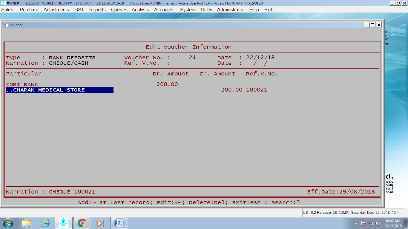Bank Deposit entry