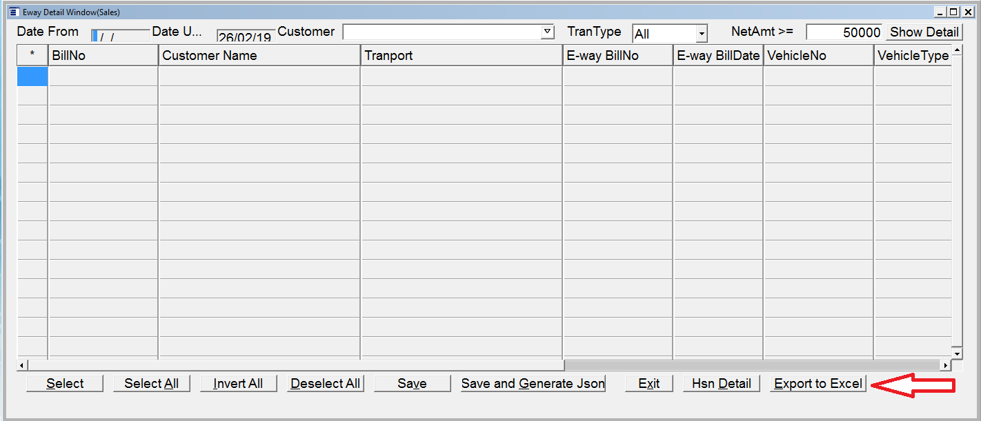 Option to Export Eway Bill in Excel