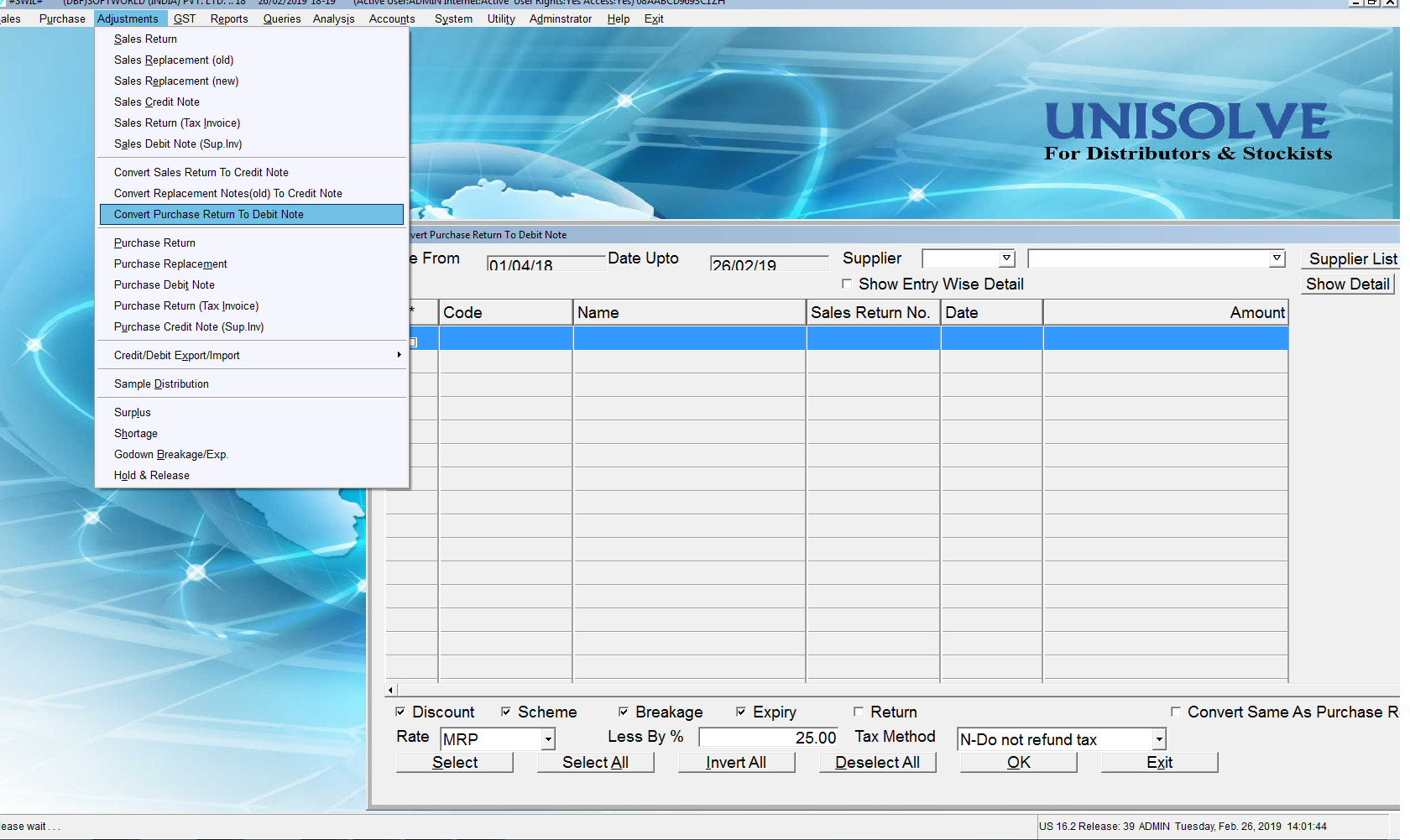 Convert Purchase Return to Debit Note