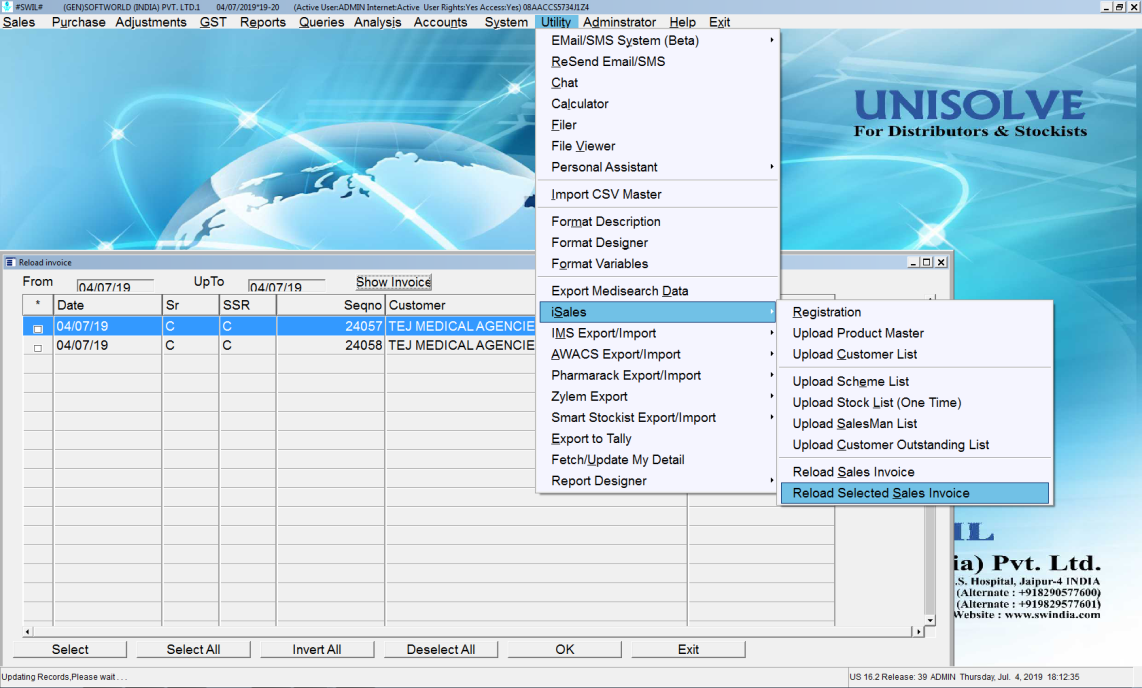 Reload Selected Sales Invoice