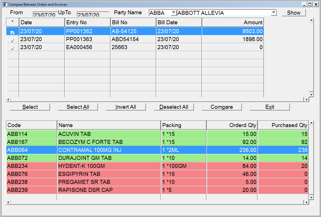 Compare Between orders and invoice