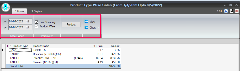 product wise sales reports section