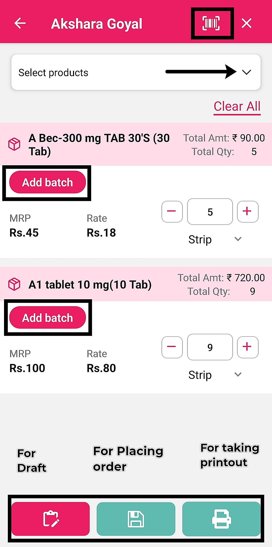 Product selection interface in SWILPOS app for order creation with options for batch addition and quantity adjustments.