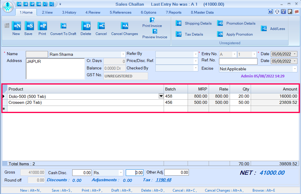 Add product details in sales challan.