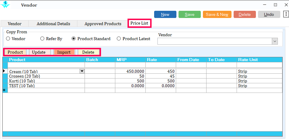 Price List tab