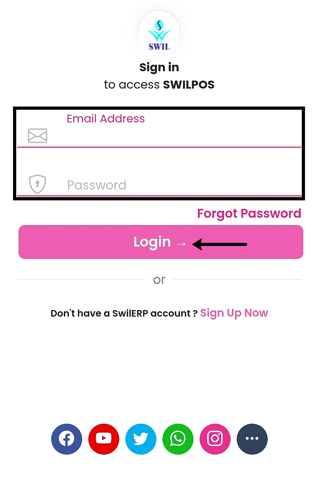 Login screen of SWILPOS mobile app with fields for email address and password, and social media sign-up options.