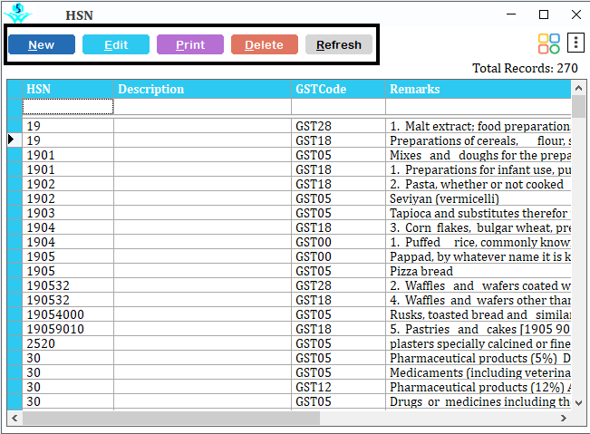 view all created HSN codes