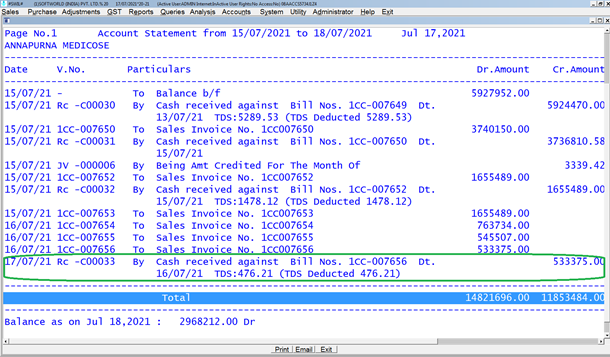 Receipt entry narration