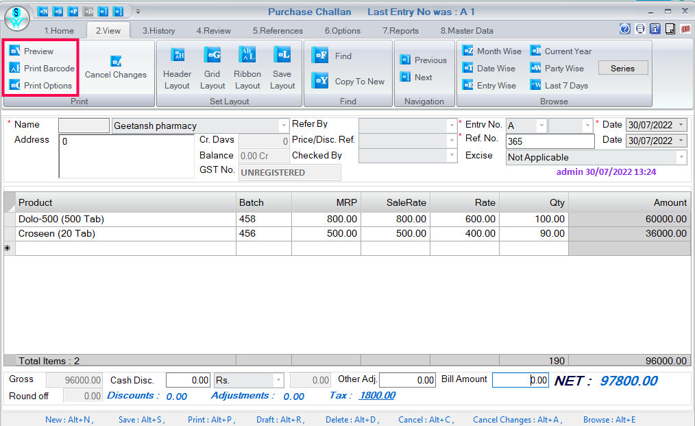 Print and preview in Purchase Challan in Retailgraph.