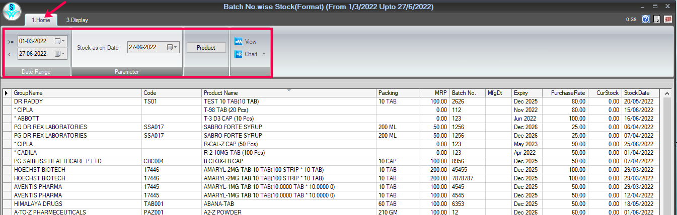 View Batch Number Wise Stock