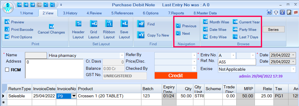 View Purchase Debit Note