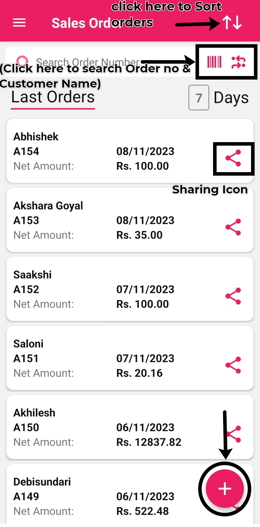 Sales Order list view in SWILPOS app with search and sort functionality, alongside options for sharing and adding new orders.