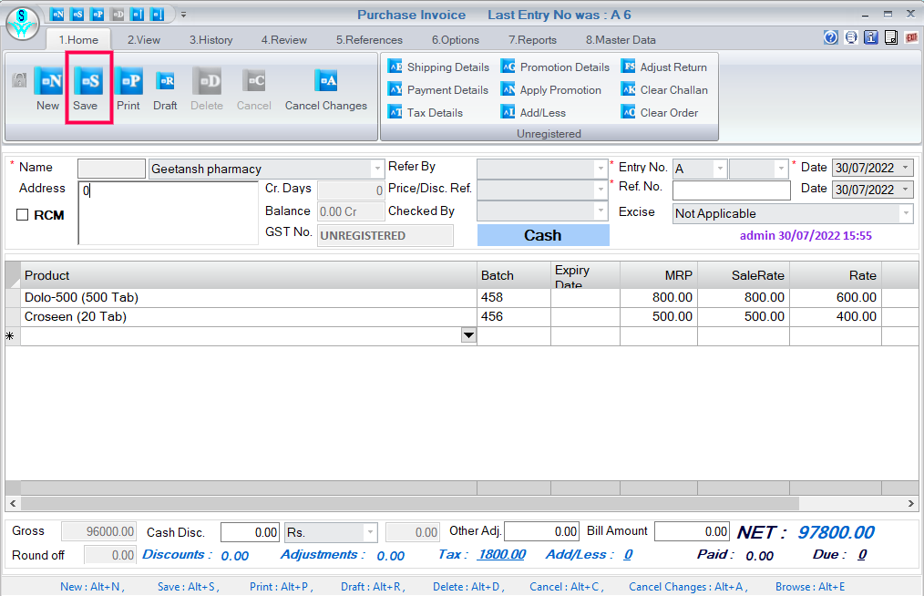 Create purchase invoice in retailgraph.