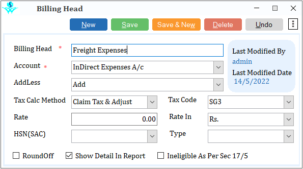 Billing head entries in retailgraph