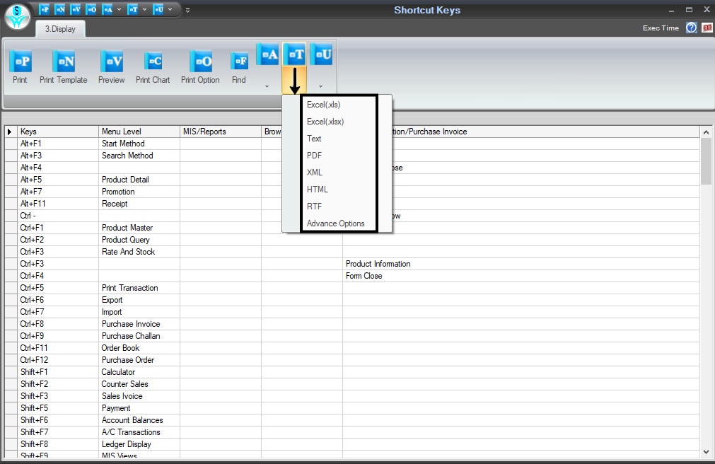 Export Retailgraph shortcut keys list.