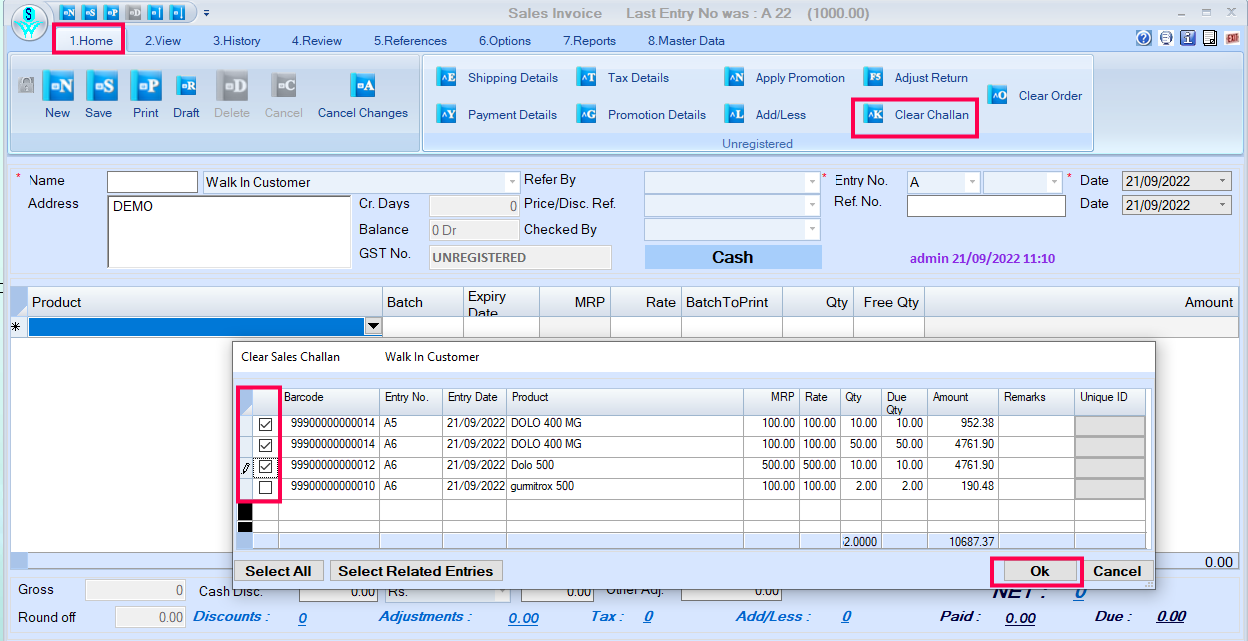 Clearn sales challan in retaigraph.