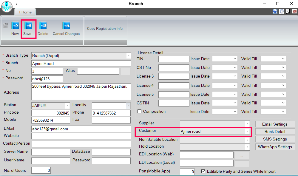 customer name in branch section