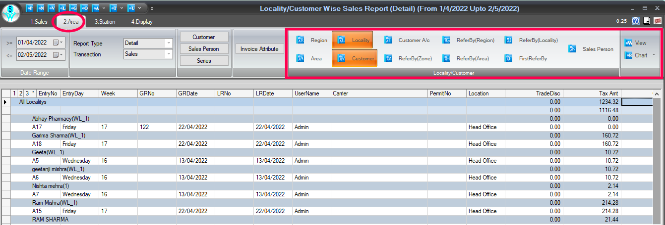 View Reports in Area Wise