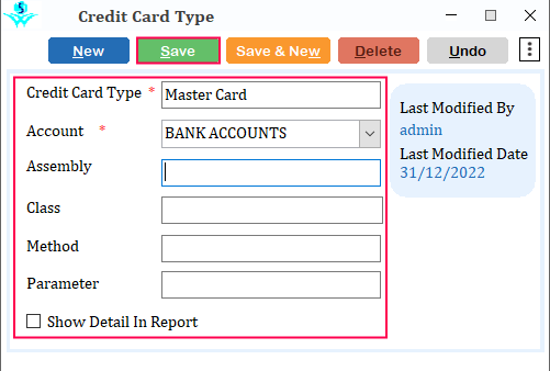 Credit Card Type Window