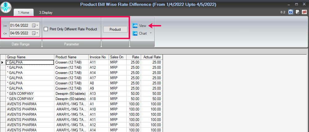 Product bill wise rate difference section