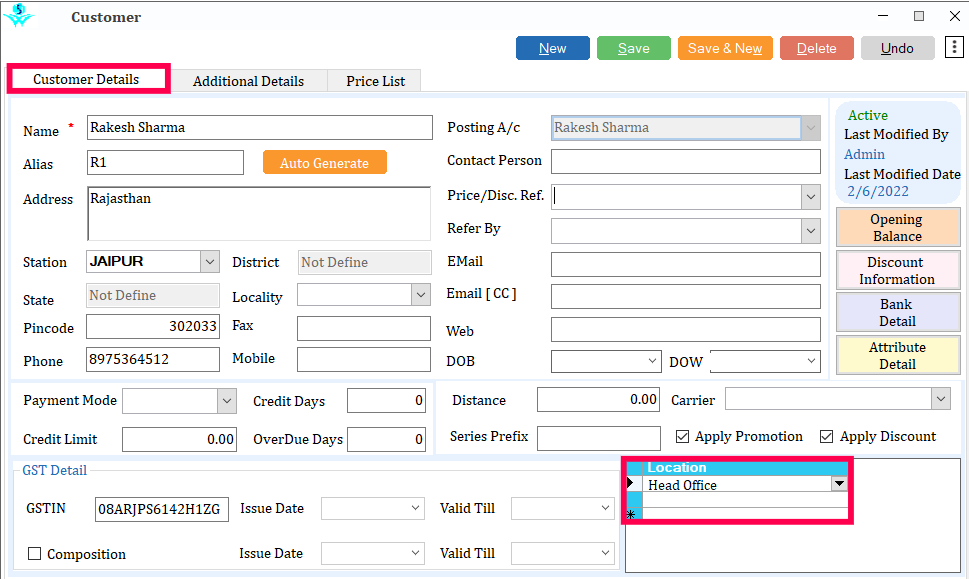 Customer Detail Tab