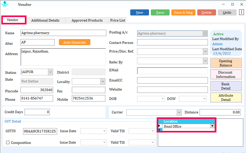 Vendor details tab