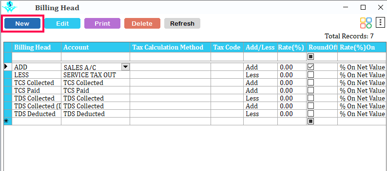 Billing head window in Retailgraph.