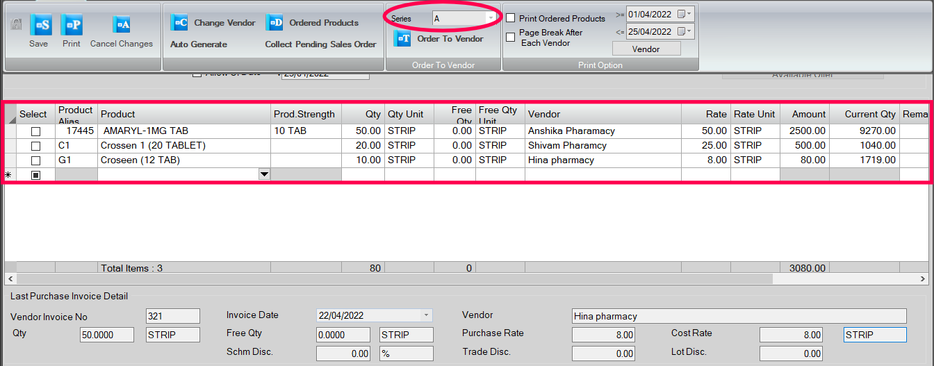Purchase orders for multiple products