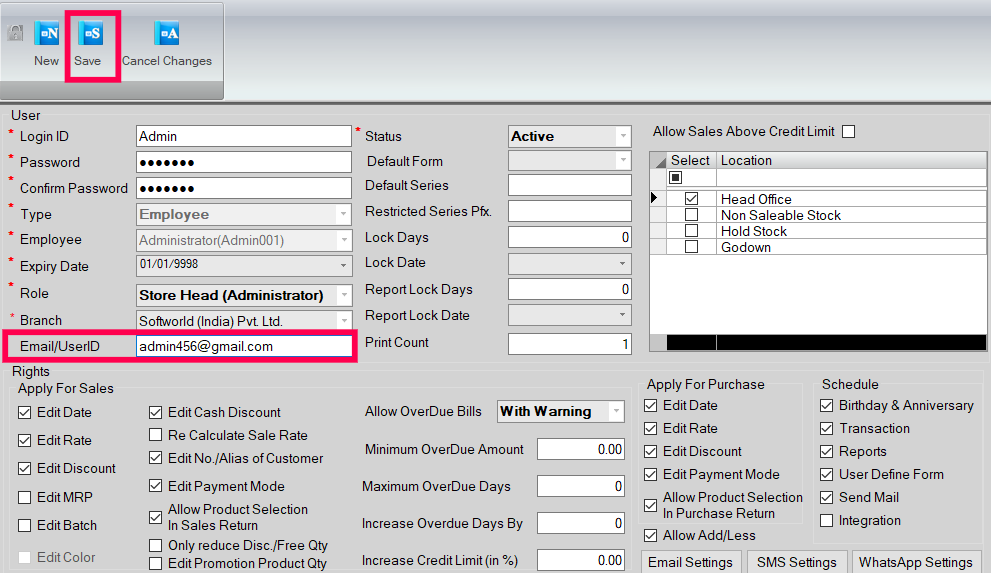 Update Email ID and Login SwilERP Software with EmailAddress