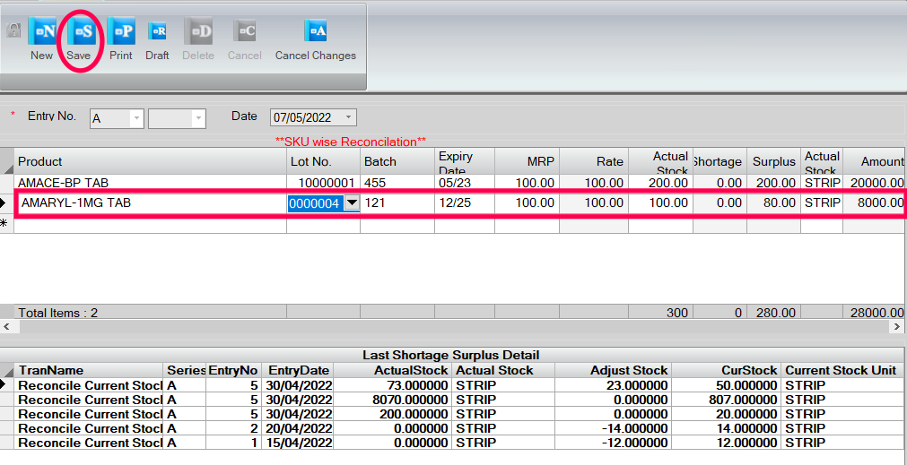 In SwilERP, how to reconcile the opening stock