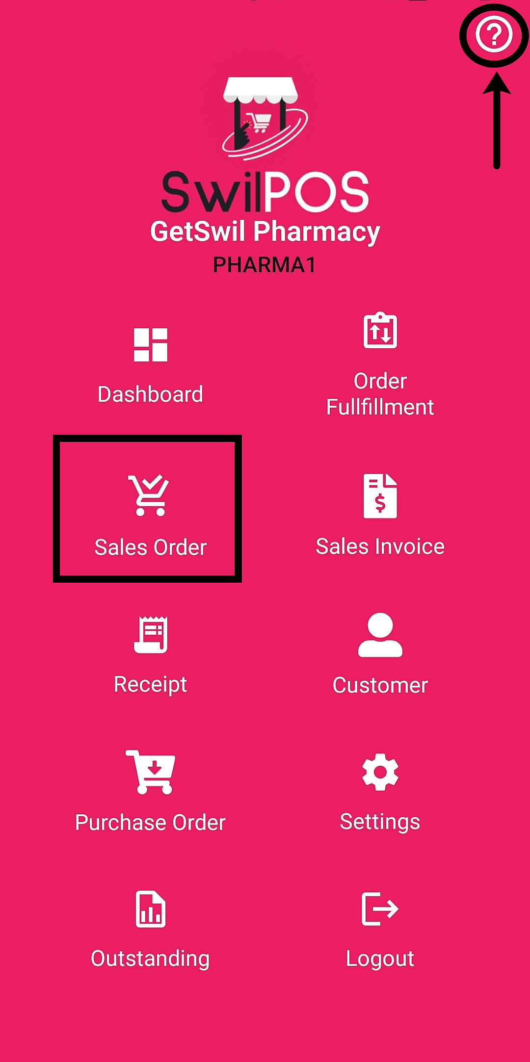 Menu interface of the SWILPOS app highlighting the Sales Order and Help icons for user assistance.