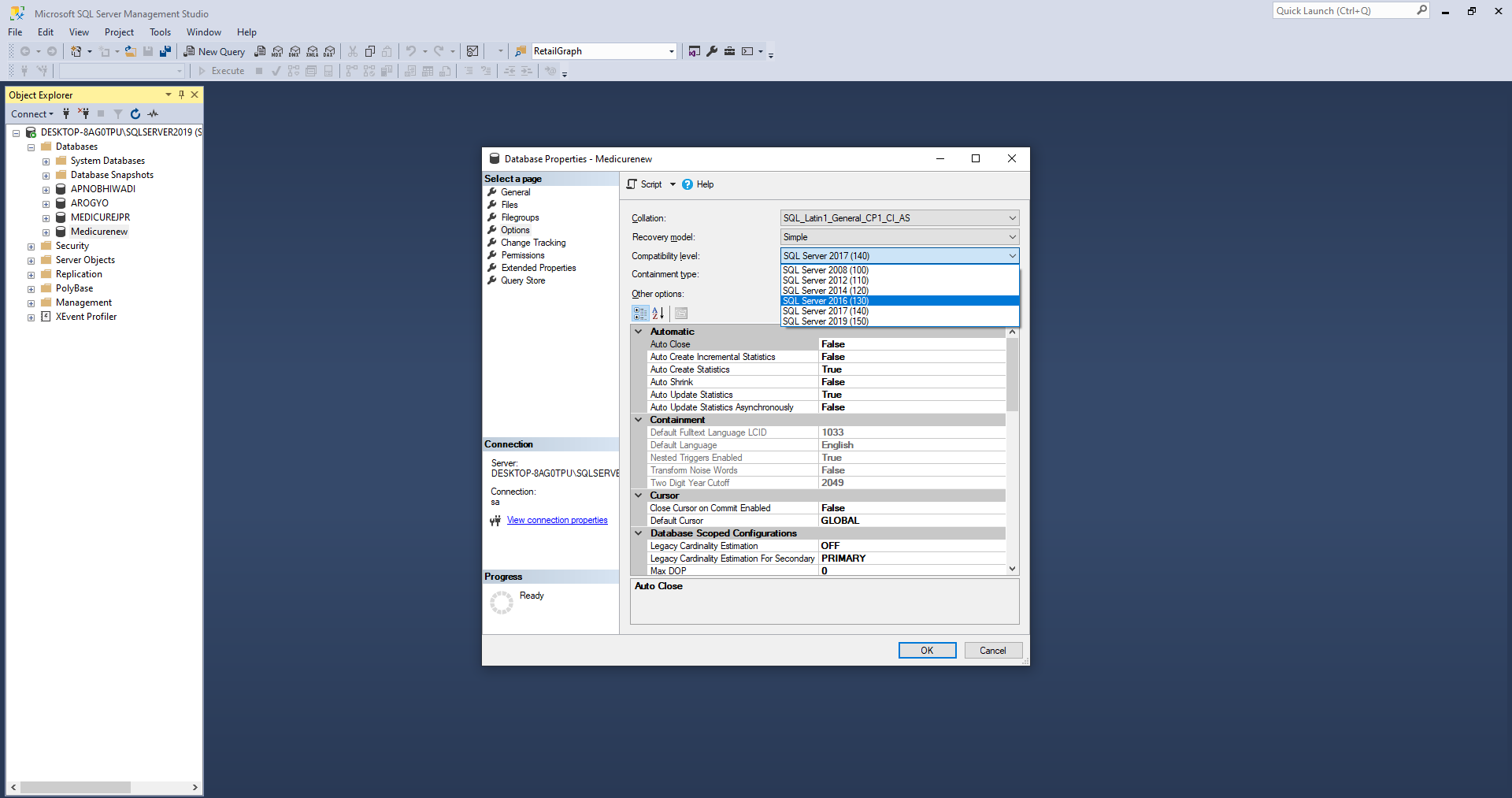 Screenshot of SQL Server Management Studio showing database properties with compatibility level options for SwilERP software integration.