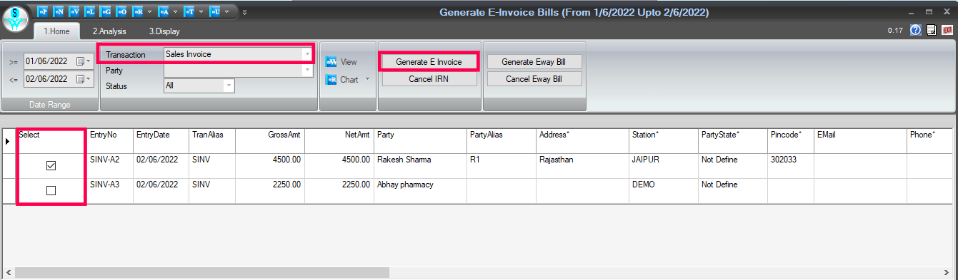 E-invoice bill generation in retailgraph.