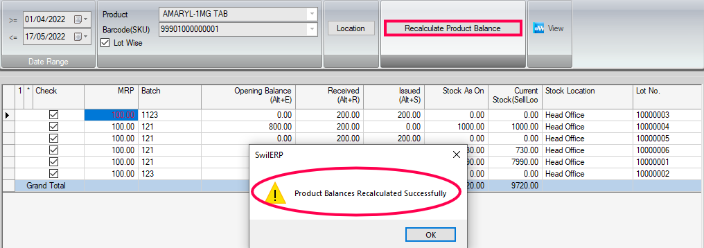 Recalculate the Product balance