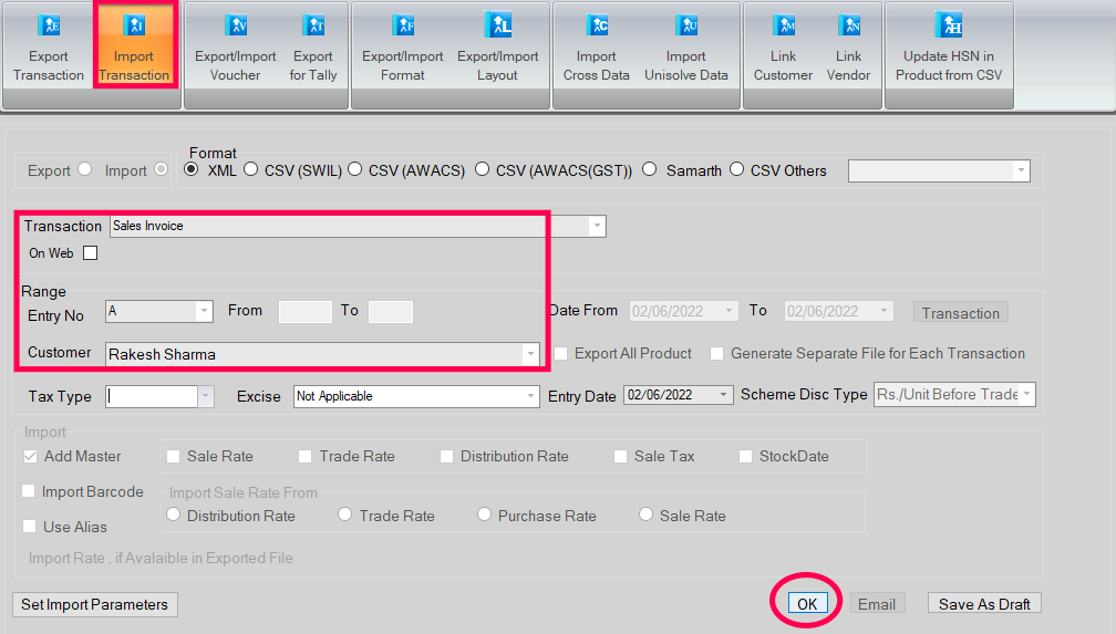 Import transaction in retailgraph.