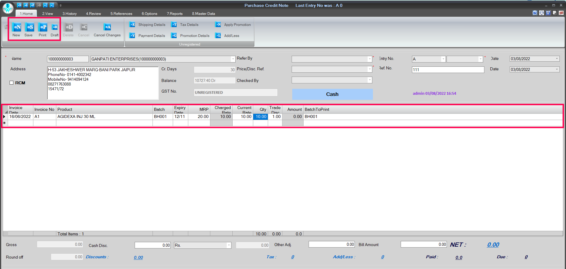 Purchase credit note creation in retailgraph.
