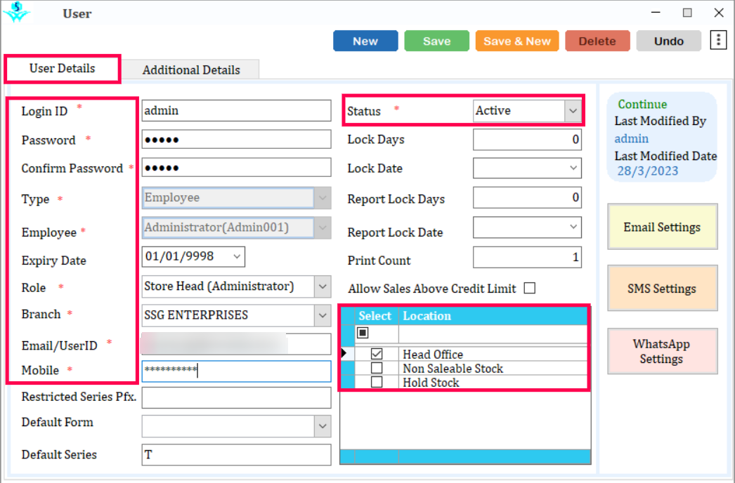User Details tab