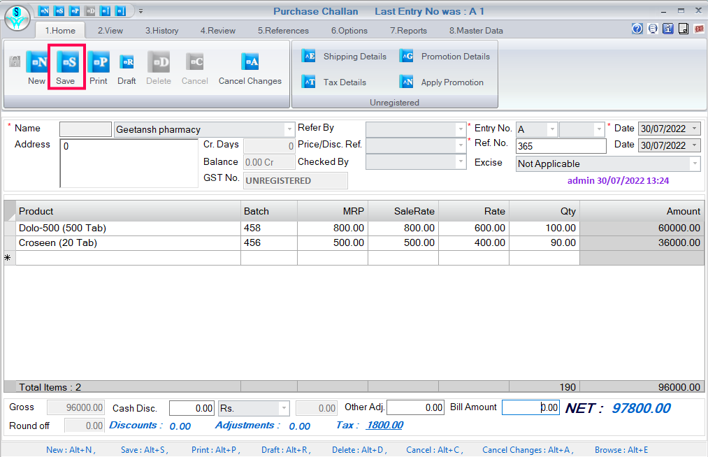 Create purchase challan in retailgraph.