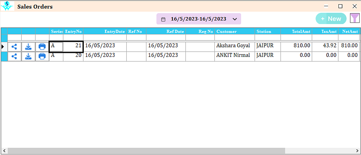 Overview of the sales order grid in RetailGraph with entries and customer details for efficient sales management.