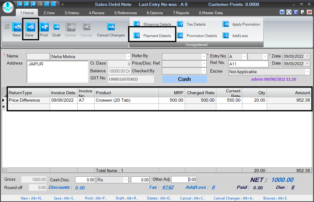 Create Sales Debit Note