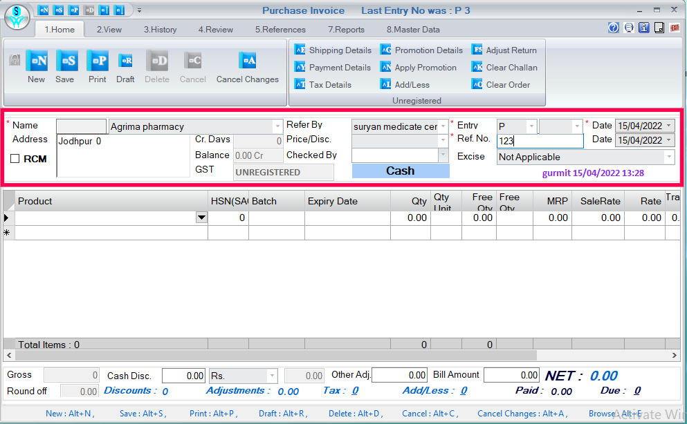 Add details in Purchase invoice in retailgraph.