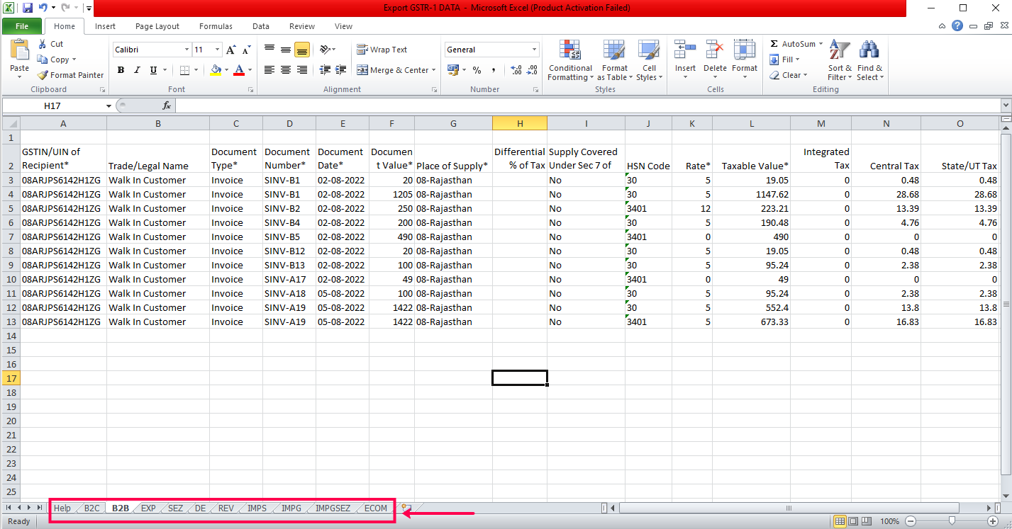 Excel sheet