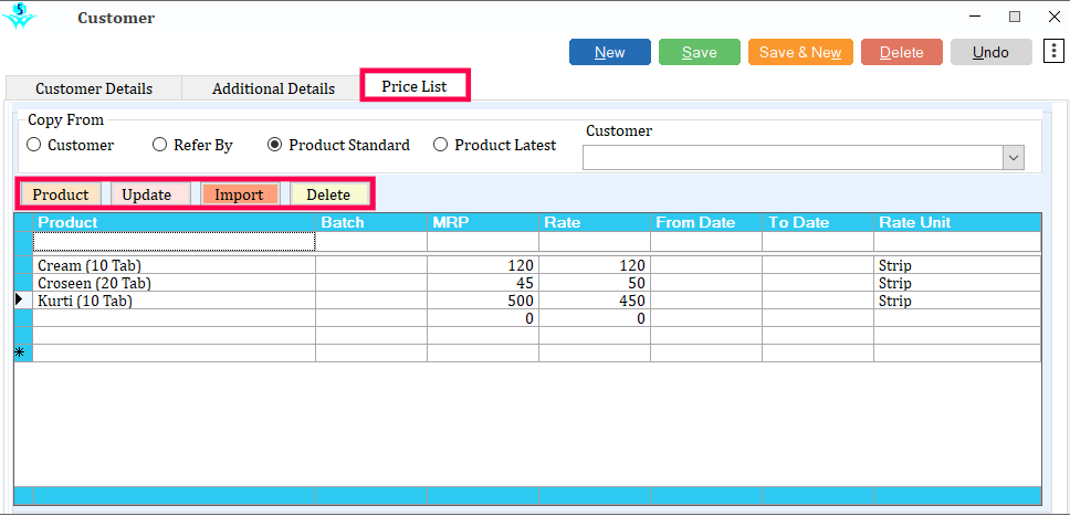 Price List Tab