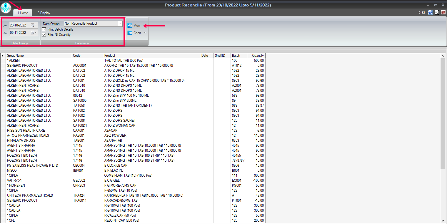 select parameters to view the report